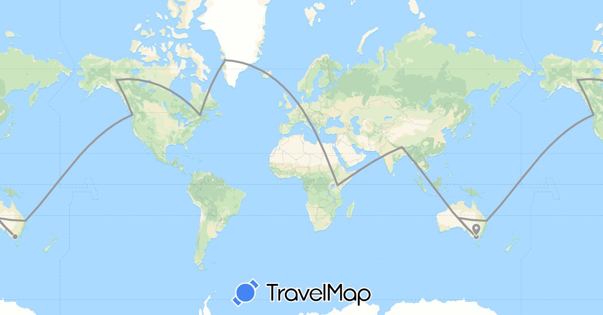 TravelMap itinerary: driving, plane in Australia, Canada, Greenland, Kenya, Nepal, United States (Africa, Asia, North America, Oceania)